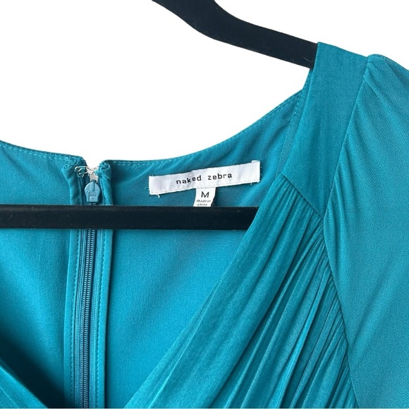 NAKED ZEBRA Teal Blue Faux Wrap Front Tiered Sheer Sleeve Mini Dress Size Medium - Picture 9 of 10